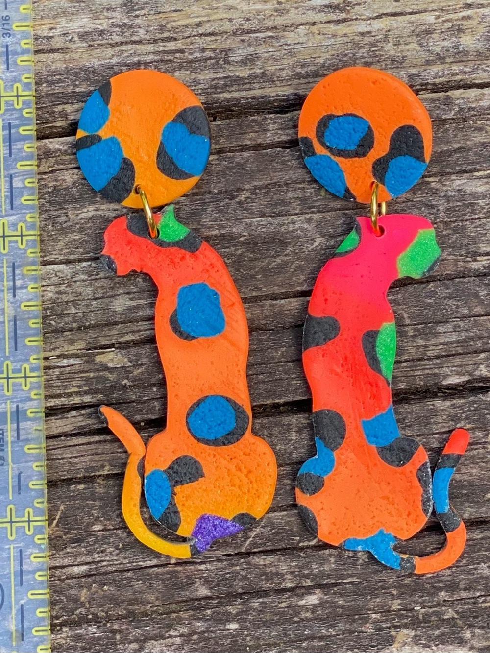 Colorful Handcrafted Leopard Spot Cat Dangle Earrings -